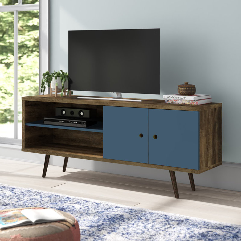 Liberty 63" Mid-Century Modern 3-Shelf TV Stand for TVs up to 60" in Rustic Brown and Blue Slate, Rustic Brown/Aqua Blue