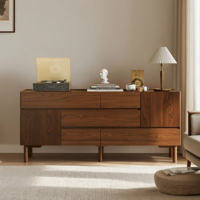 71" Credenza Sideboard With Drawers And Cabinets,strong Solid Wood Legs, Adjustable Shelves, Mid-century Modern Accent Cabinet For Entryway, Wood Tv S by Millwood Pines