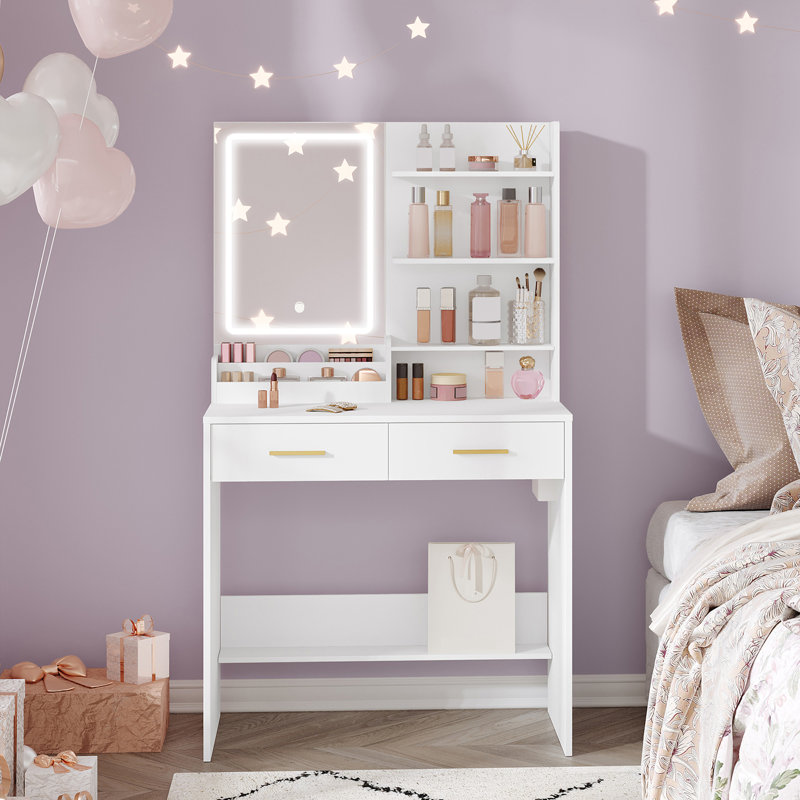 Bureau de meuble-lavabo avec miroir et lumière, meuble-lavabo de maquillage avec prise de courant, 3 tablettes de rangement ouvertes et 2 compartiments, 3 coiffeuses Color-Modes avec 2 tiroirs pour la chambre à coucher, blanc
