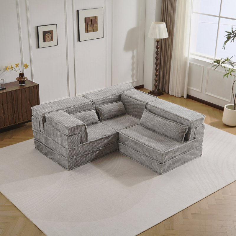 Compression Mahjong Sofa,Convertible Floor Sofa Bed,Diy Boneless Modular Sectional Sofa,No Assembly Required,Circle Fleece Fabric,Oversized 3 Seater With 3 Pillows,Light-Grey