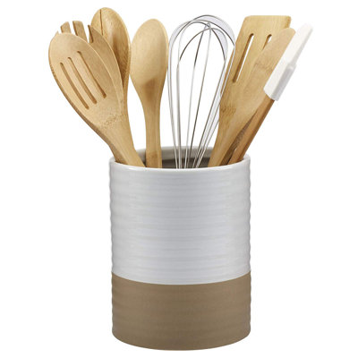 Basic Essentials White Serveware 8 Piece Cooking Utensil Set with Utensil Crock