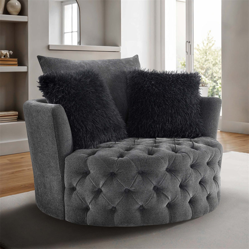 Chaise ronde pivotante capitonnée de style transitionnel avec coussins de dossier épars et rotation à 360 degrés pour une assise confortable