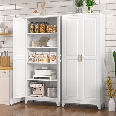 White Metal Pantry Cabinet, 75" Tall Storage with Doors & Adjustable Shelves, Freestanding Cupboard for Kitchen, Dining Room and Living Room