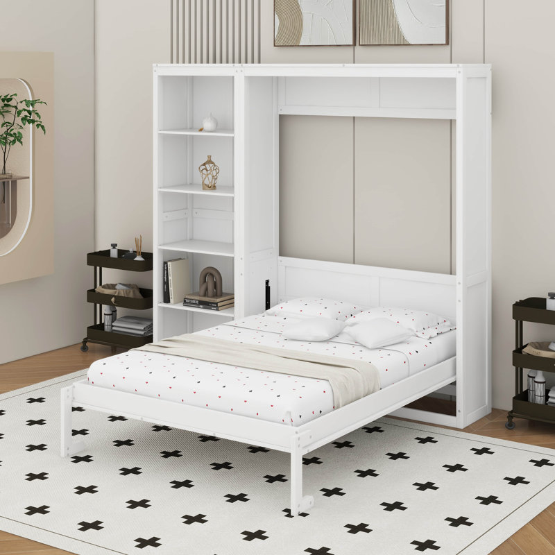 Grand lit escamotable avec tablettes, Blanc