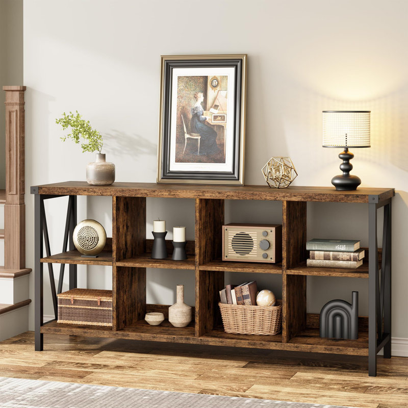 Entryway Console Table, 3 Tier Industrial Metal Sofa Table, Brown, Brown/Black