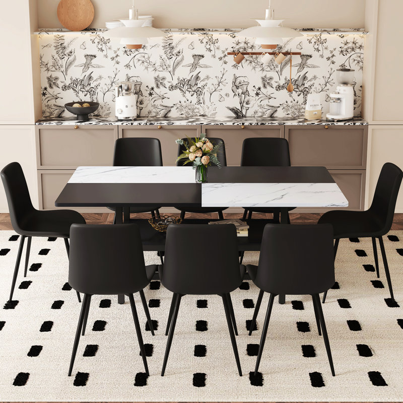 Table de salle à manger épissée blanche et noire avec dossier en fer renforcé 8 chaises en polyuréthane artificielle Siège confortable pour les invités