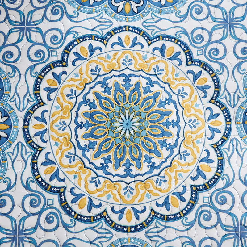 Housse de lit de jour réversible 6 pièces en bleu - avec grand médaillon imprimé et revers rayé, taille simple, housse incluse, 3 taies décoratives, 1 coussin décoratif, revers lavable à la machine, motif imprimé