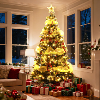 Arbre de Noël artificiel vert 7Ft pré-éclairé, arbre de Noël pour la décoration de fête avec 1 100 pointes de branches articulées en PVC et 400 lumières DEL blanc chaud, 30 pommes de pin réelles, support pliable