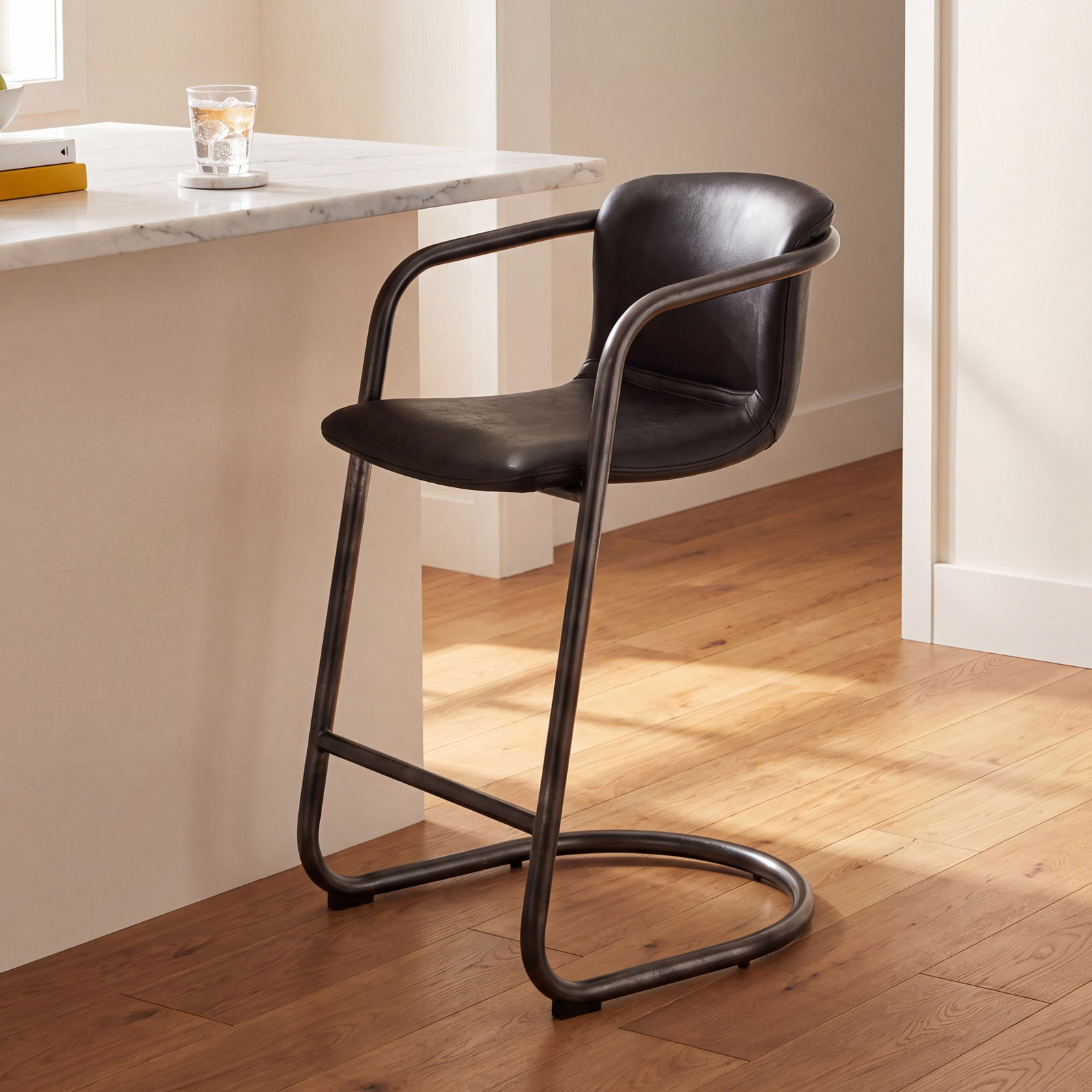 Higbee Genuine Leather Bar and Counter Stool, Counter Stool (25" Seat Height), Black Genuine Leather