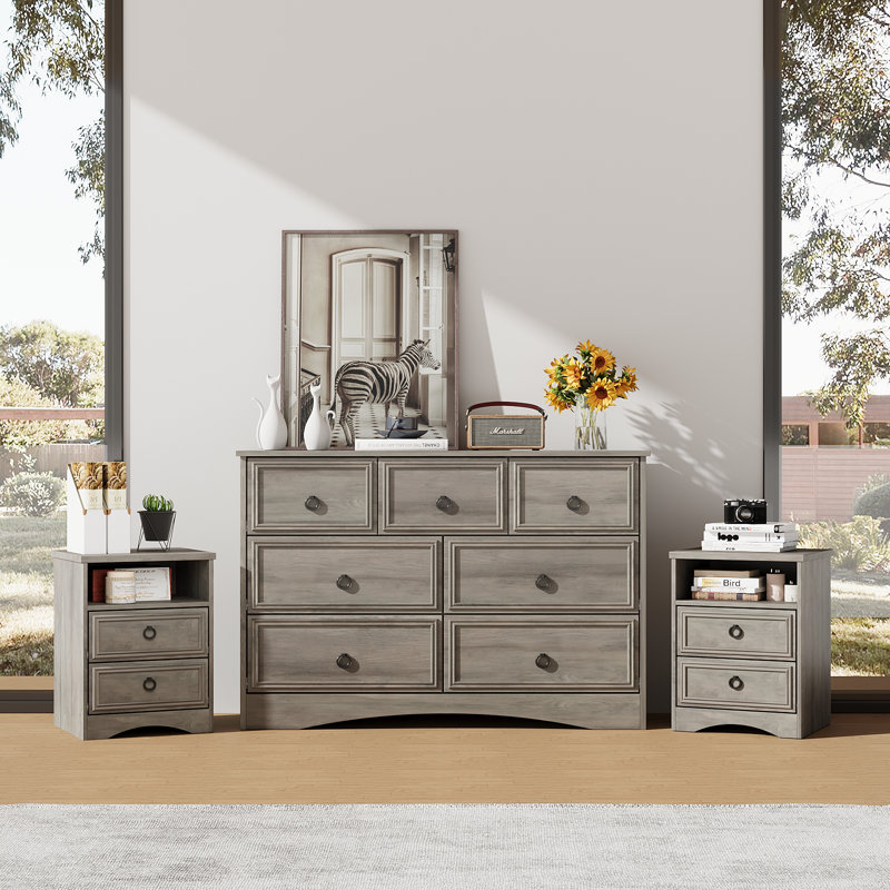 Ensemble de commode 3 pièces Lark Manor ™ - commode 7 tiroirs et deux tables de chevet 2 tiroirs, gris délavé