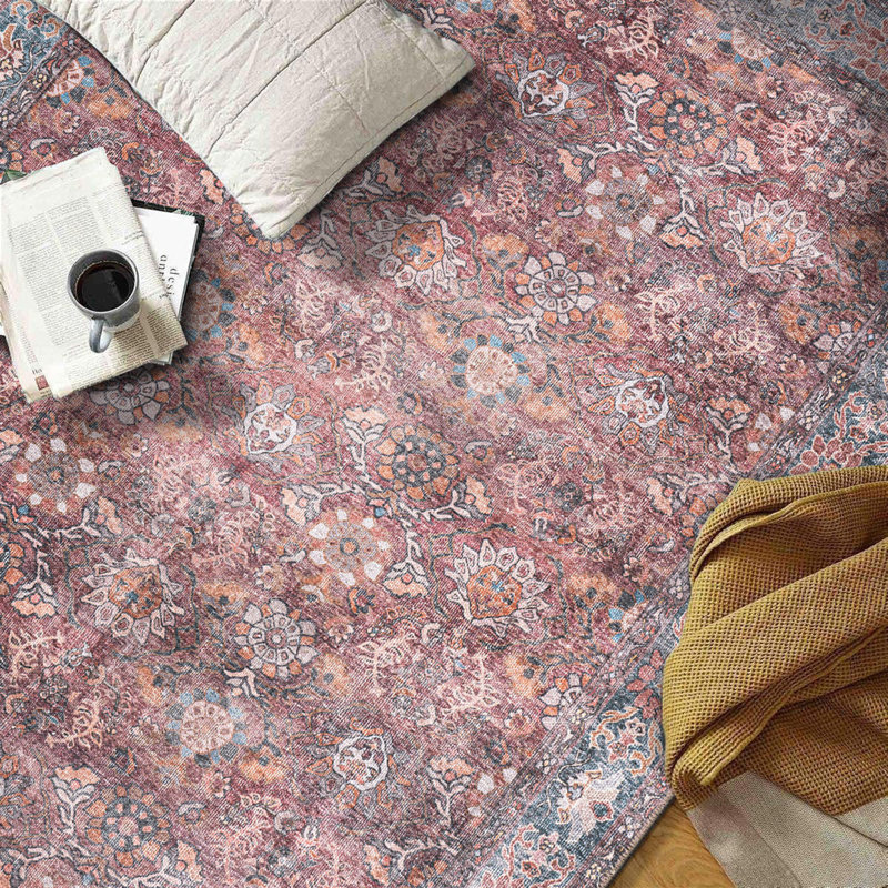 Transitional Bordered Vintage Machine Washable Non Slip Area Rug, Rectangle 10' x 14'