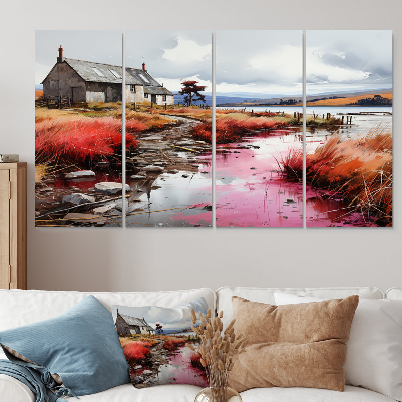 Meadow Cottage At The Pond III - Landscape Cottage, art mural 4 pièces, H 32 po x l 64 po