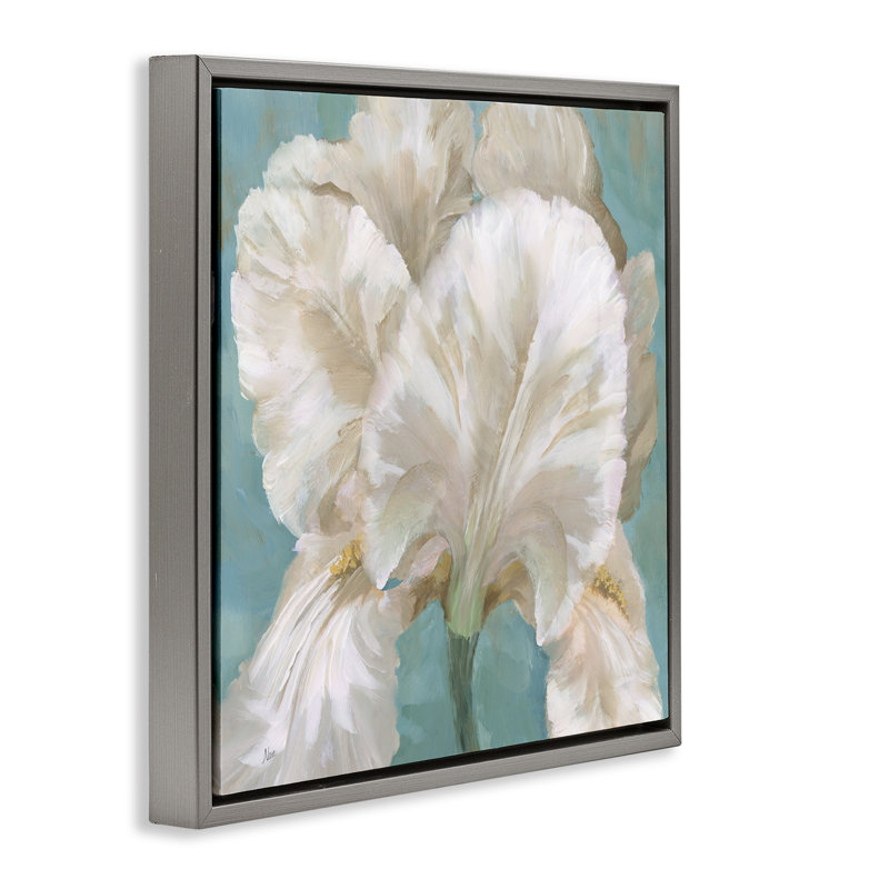 "Iris blanc sur toile encadrée bleue" par Nan, Cadre flottant gris lustré, H 18 po x l 18 po