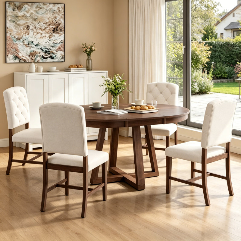 Ensemble de salle à manger 5 pièces rond en bois massif convertible rond à ovale, table de salle à manger à piédestal croisé avec rallonge amovible et 4 chaises d'appoint rembourrées capitonnées en diamant pour la cuisine et la salle à manger