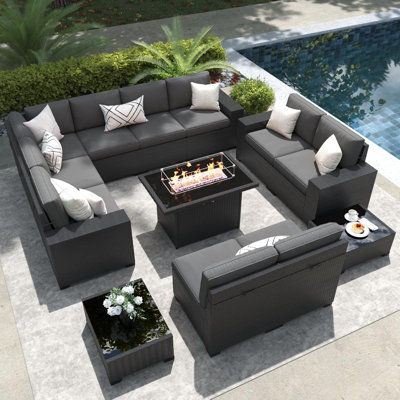  13 Pieces Outdoor Patio Furniture Set with 44" Fire Pit Table Brown Rattan Sectional Sofa Conversation Sets