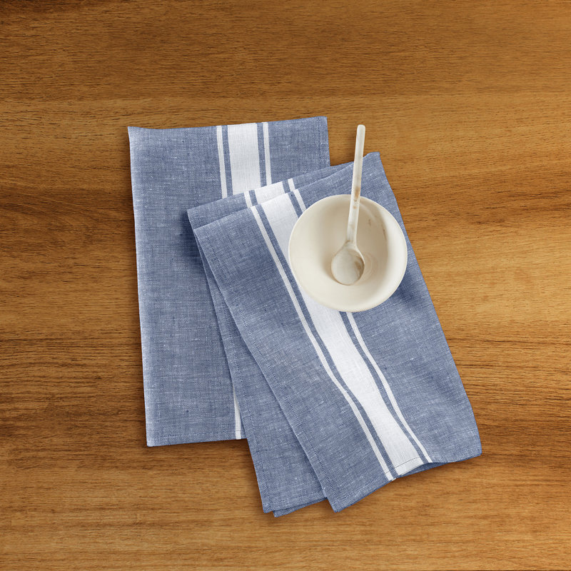 Country Stripe - 100% Pure Linen Kitchen Towels, Blue and White