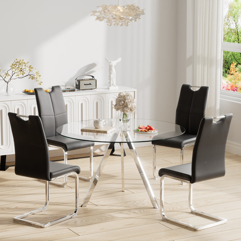 Metal and Glass Round Dining Table Set with 4 Faux Leather Upholstered Dining Chairs, Black