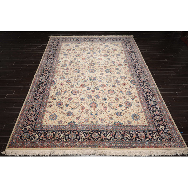Tapis crème / brun en laine noué à la main de conception unique 10 pi 9 po x 15 pi 7 po
