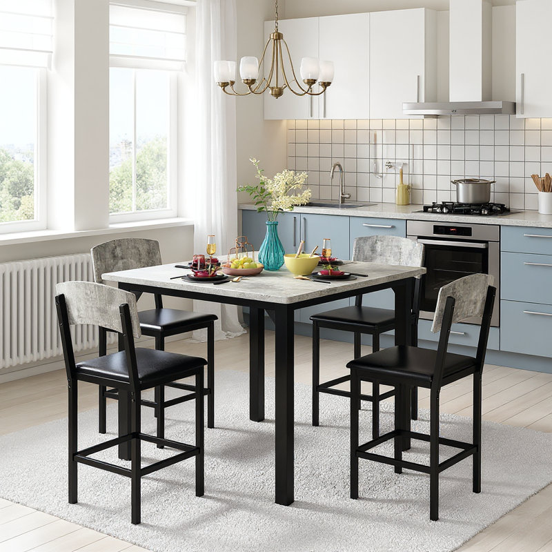 5-Piece Dining Table Set For 4, Counter Height Table With 4 Upholstered Bar Stools, Modern Kitchen Table & Chairs Set Of 4 With Footrest & Backrest, Compact Dining Set For Pub, Dining Room, Restaurant