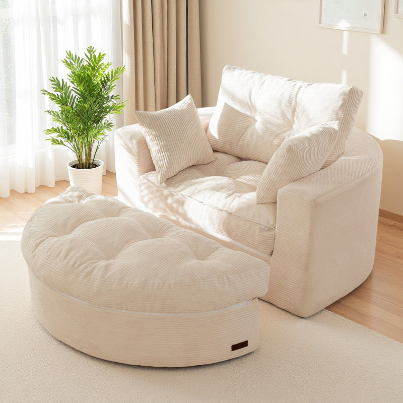 Canapé-lit rond en velours côtelé de 49 po avec assise profonde et méridienne rembourrée, Beige