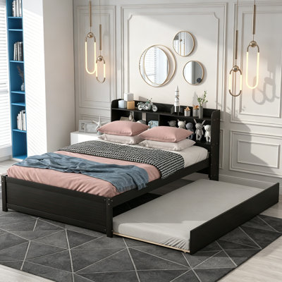 Solid Wood Platform Bed with Bookcase Storage Headboard & Trundle Bed, Modern Platform Bed Frame for Guest Bedroom Apartment, No Box Spring Needed, Espresso, Full Size
