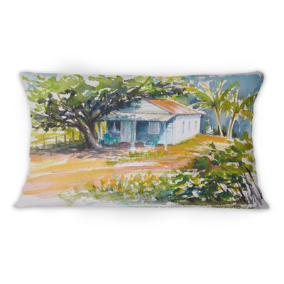Blue Bungalow In Tropical Garden -1 Cabin & Lodge Printed Throw Pillow