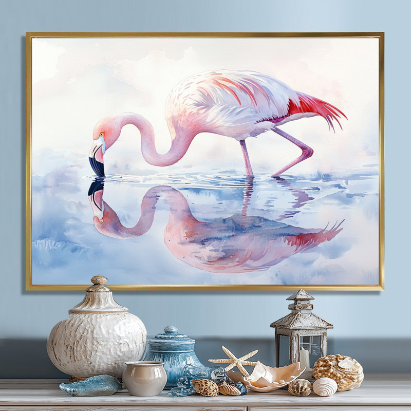 Flamingo Reflections - art mural flamant, H 34 po x l 44 po, Cadre flottant, Doré