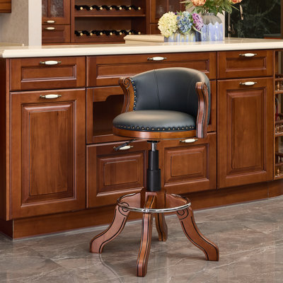 Adjustable Swivel Bar Stool in Genuine Leather with Solid Wood Frame