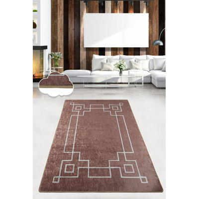 Tapis oriental brun / blanc en polyester tissé à plat à la main Kelvin