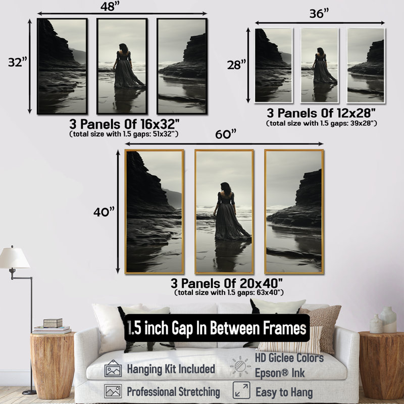 Femme solitude sur une plage rocheuse VI - art mural plage, Cadre flottant doré, H 32 po x l 48 po x P 1 po