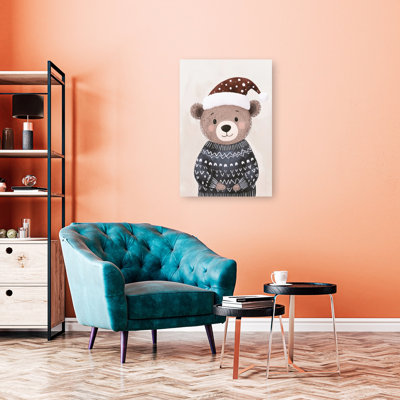 Cozy Christmas Bear Playful Contemporary Bear Winter Wall Art Print by Mathieu - Wrapped Canvas Print
