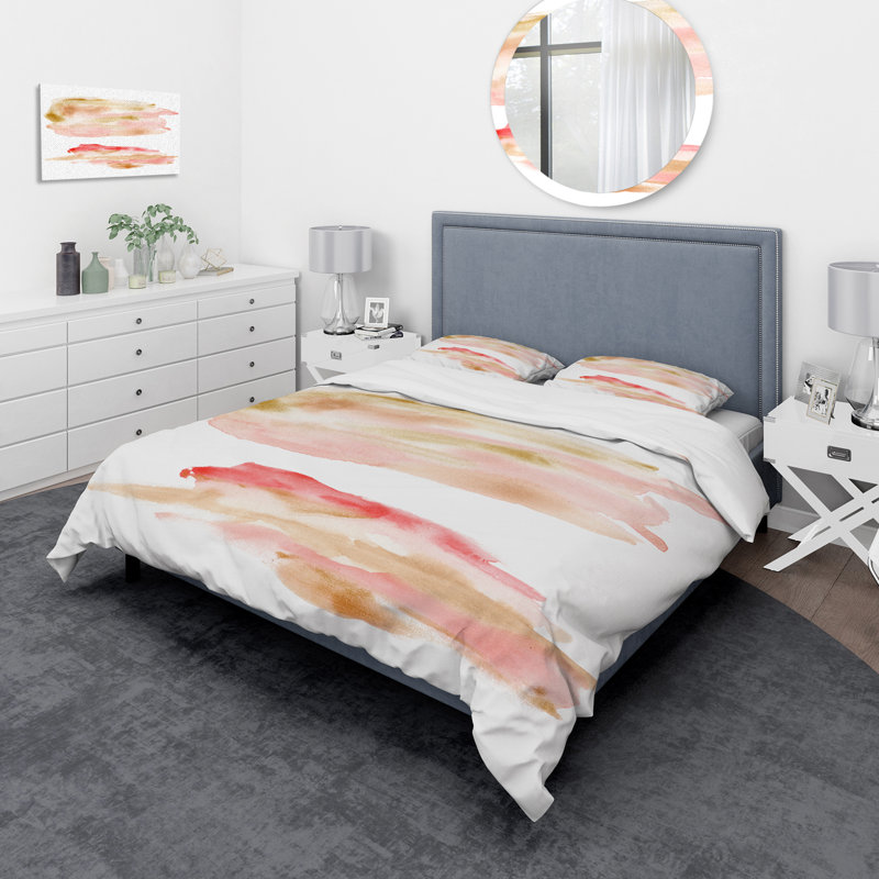 Ensemble abstrait avec pois beige et rouge or rose - Ensemble de housse de couette moderne - Microfibre de polyester