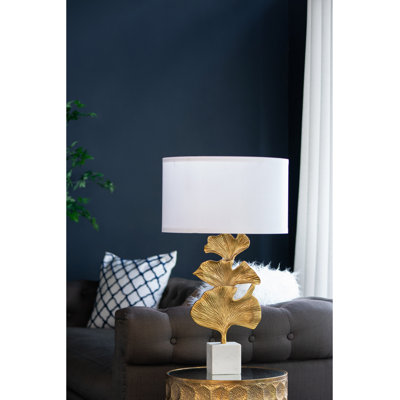 D17"X30.2" Gold Ginkgo Leaf Table Lamp With Marble Base And White Drum Shade (Lamp Shade Assembly Required)