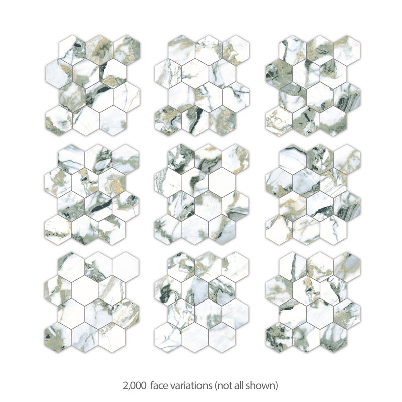 Touche 4" Hex 11-3/4 In. X 13-5/8 In. Porcelain Mosaic Tile, Green/White