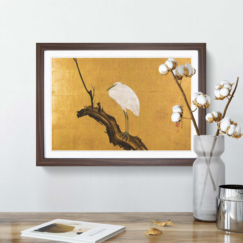 Heron on a Willow Tree Branch by Maruyama Okyo - Picture Frame Painting Print, 27cm H x 36cm W x 2cm D, Walnut Framed