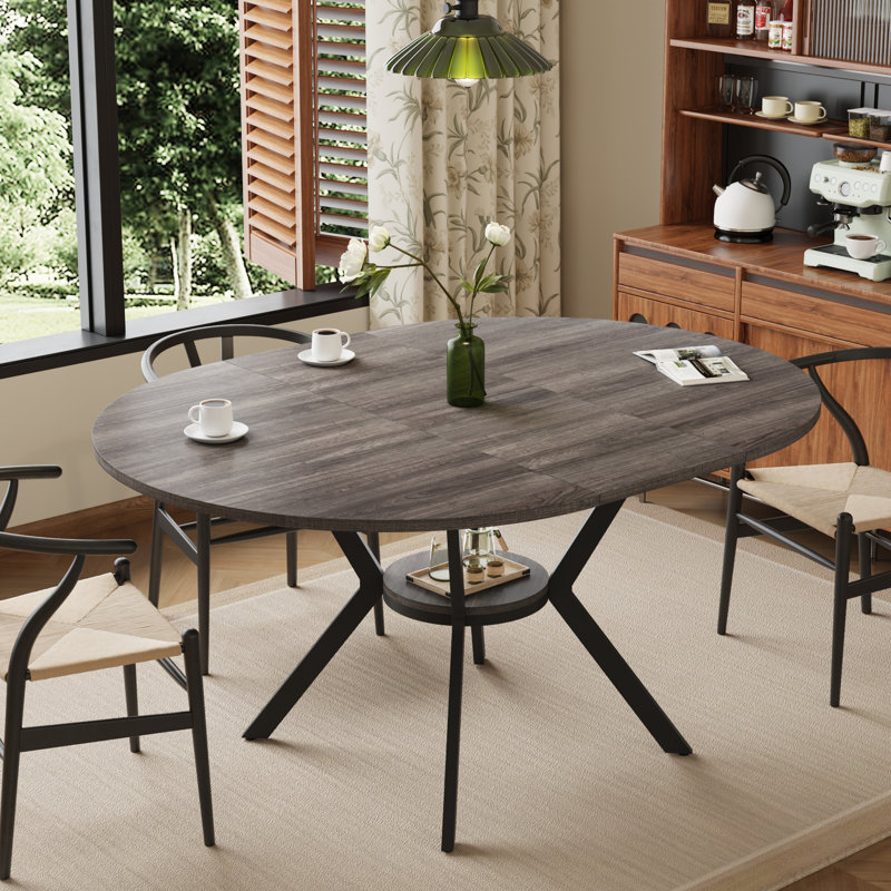 42.5-58.2 Inch Extendable Round Dining Table With Storage Shelf For 4-6 People, Vintage Gray Brown