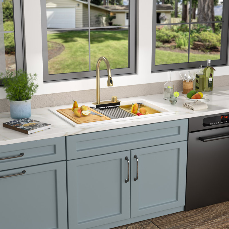 Évier de cuisine 33 po en granite avec robinet cascade, Blanc