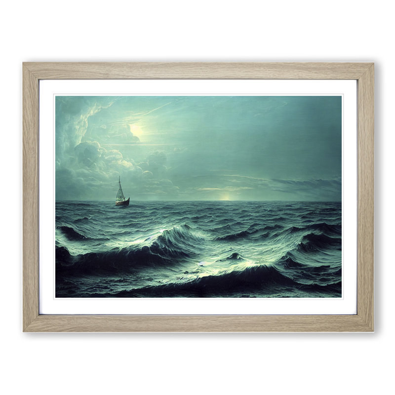 XH1022-7615X Sailing Boat On The Waves - Single Picture Frame Painting, 46cm H x 64cm W x 2cm D, Oak