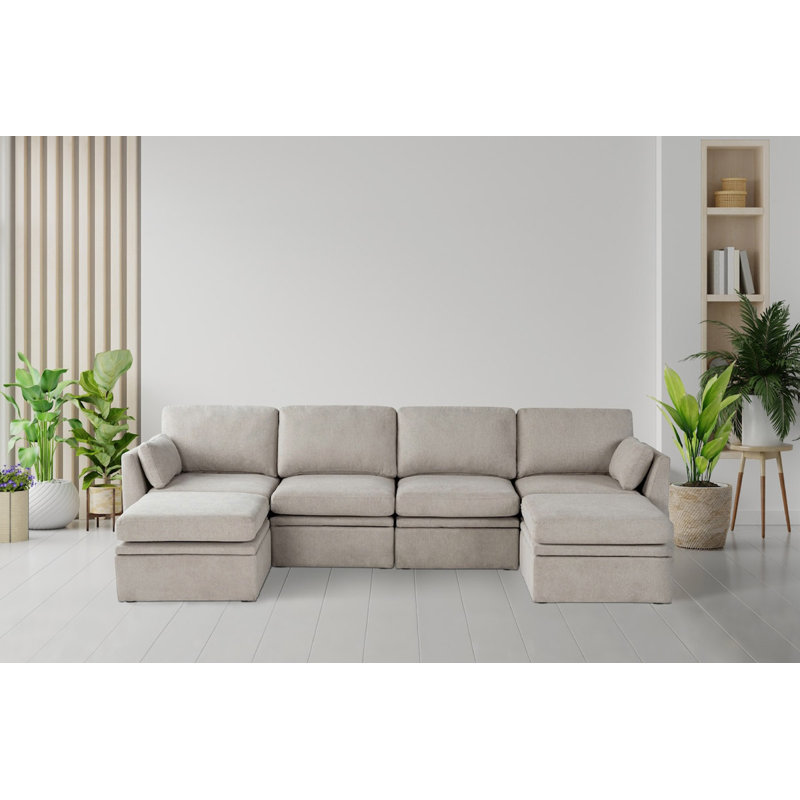 6 Piece U-shaped Modular Fabric Sectional, Beige Polyester