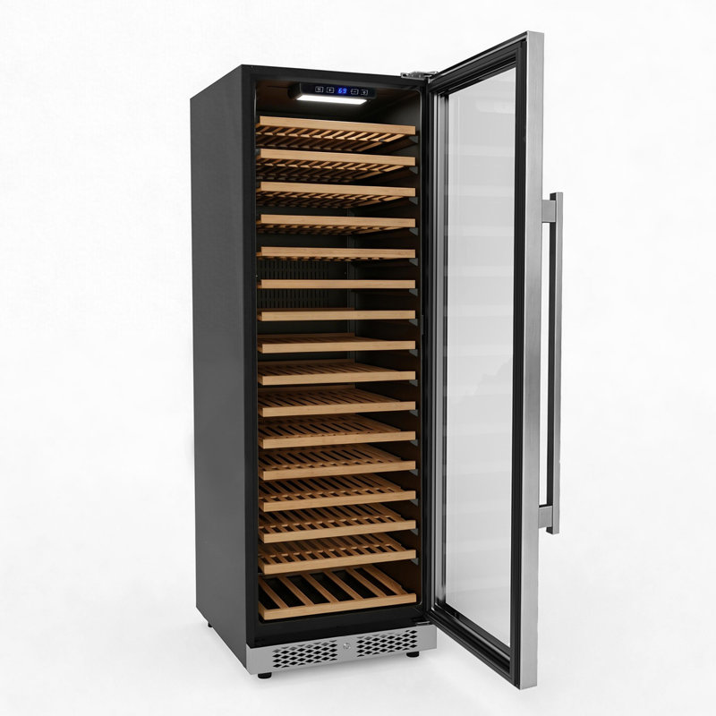 16 Cu.Ft. Single Zone 171 Bottle Capacity Built-In Wine Cooler In Black 17-Tier Wood Shelves