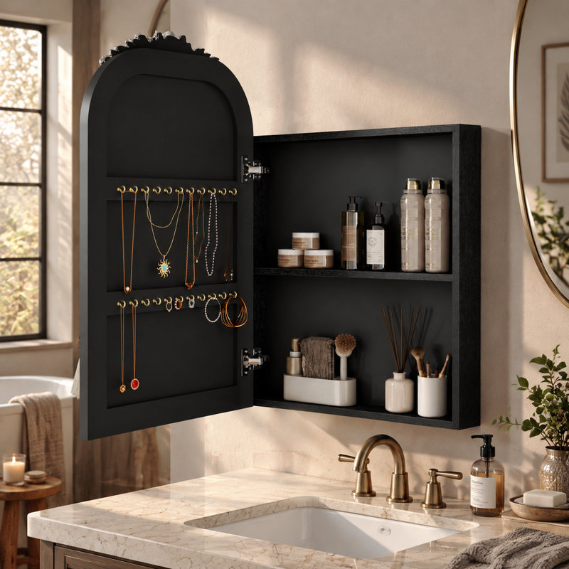 Armoire à pharmacie murale vintage Arch avec miroir et rangement, 40 x 63 cm, plateau sculpté et étagère réglable, noir antique
