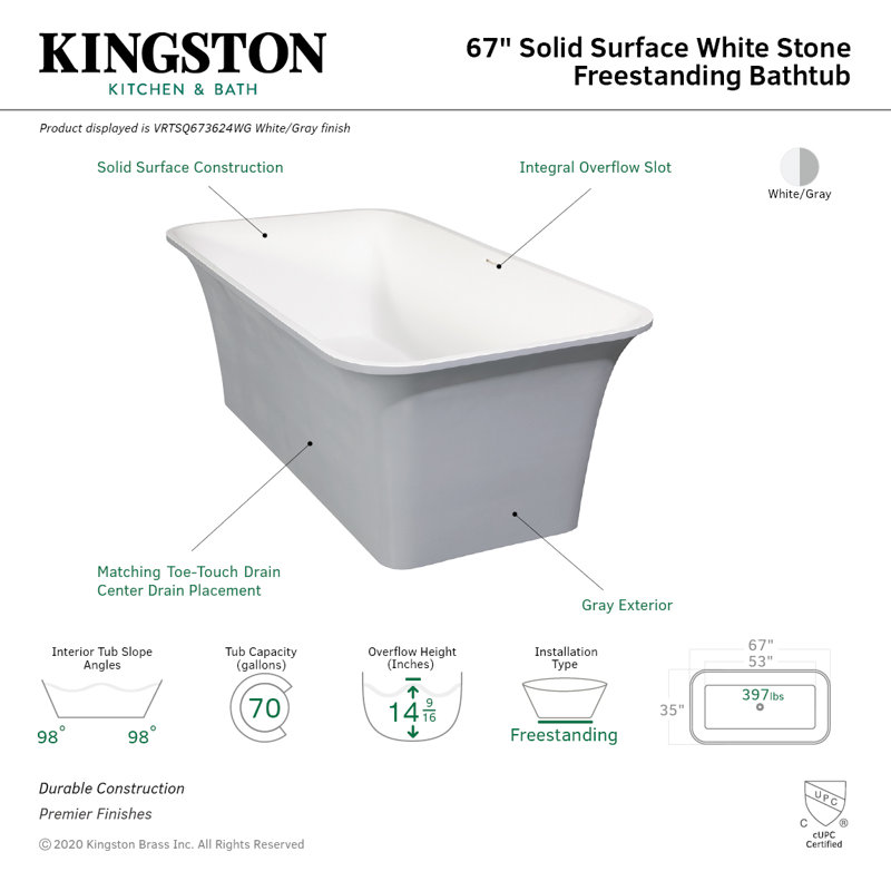 Kingston Brass Arcticstone 67-Inch Solid Surface Rectangular Double Ended Freestanding Tub with Drain, Matte White/Gray