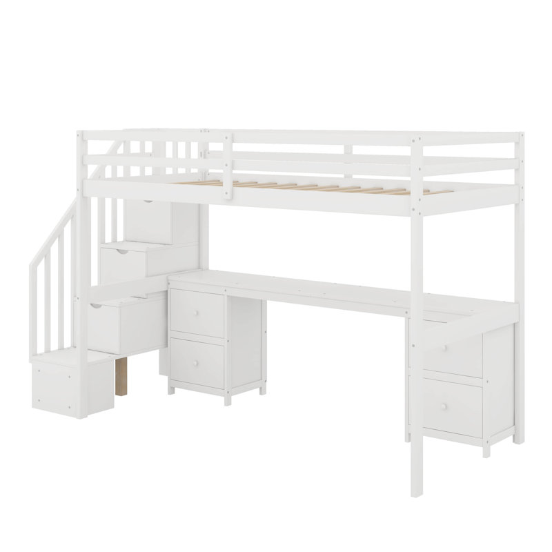 Twin Size Loft Bed With Built-In Desk And Drawer, White
