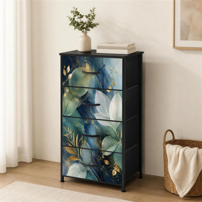 4-Drawer Dresser for Bedroom Seamless Floral branch gold dark navy purple emerald green turquoise Small Tall Clothes Dresser for Closet Organizers with Chest of Drawers Fabric Storage Bins Dressers