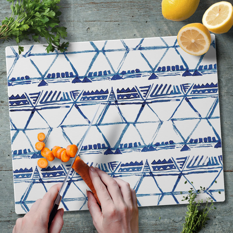 Indigo Triangles Tempered Glass Cutting Board 15" x 12"