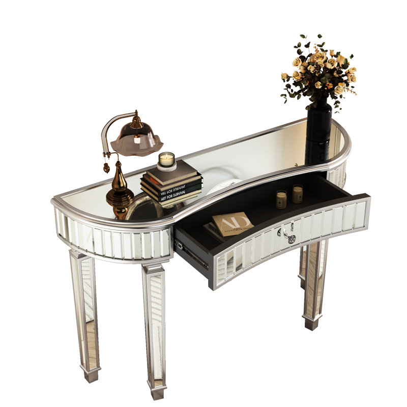 Meuble-lavabo à miroir demi-lune de 47 po avec tiroir en verre cannelé et poignées en cristal, gris et argent, pieds, -, console multi-usage et tiroir d'entrée argenté pour chambre à coucher / vestiaire, style Mid-Century