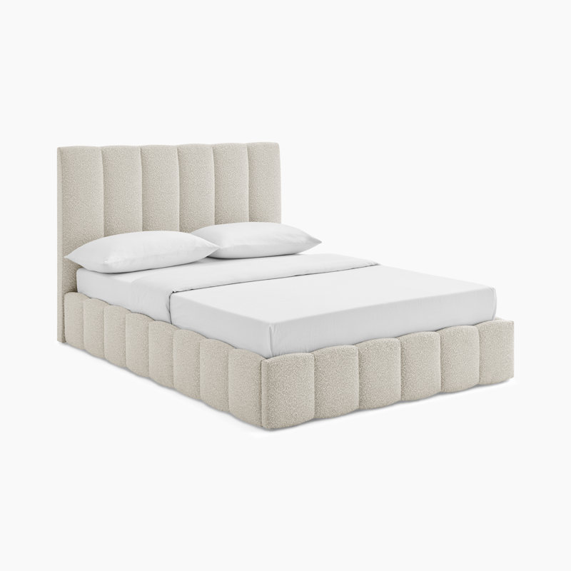 Rudasill Upholstered Ottoman Storage Bed Frame - Vertically Stitched Contemporary Headboard, Beige Boucle, King