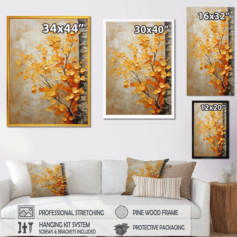 «Yellow American Basswood Forest III», art mural arbre, H 32 po x l 16 po x P 1 po, Cadre simple blanc