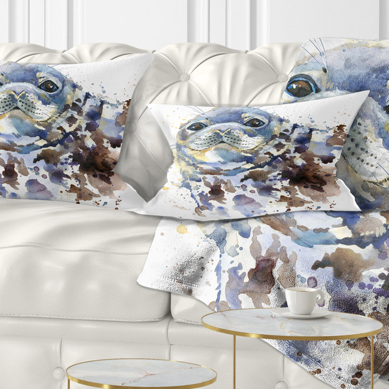 Blue Marine Seal Watercolor - Animal Printed Throw Pillow