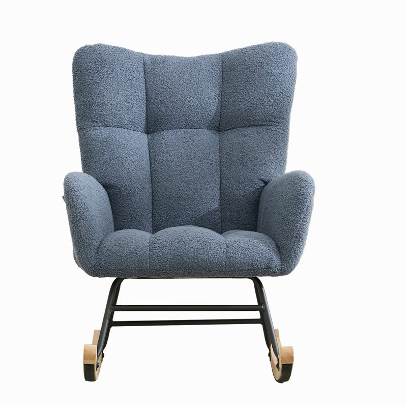 Fauteuil berçant à oreilles en tissu Teddy avec poche de rangement latérale, chaise berçante d'allaitement douce et confortable, base en bois massif robuste et sécuritaire, chaise d'appoint polyvalente pour chambre de bébé et salon, bleu marine.